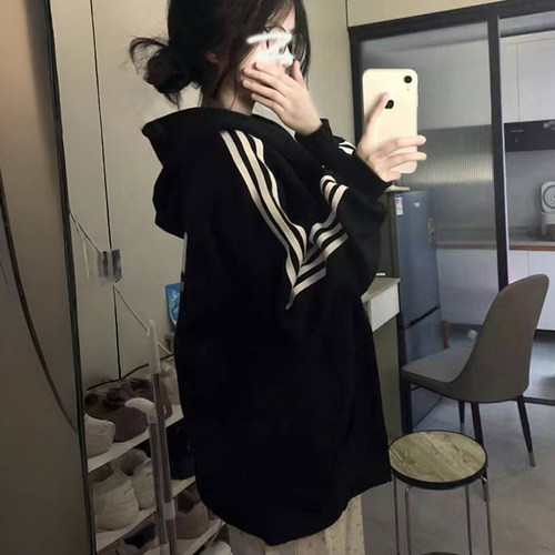 美式oversize三条杠拉链连帽卫衣