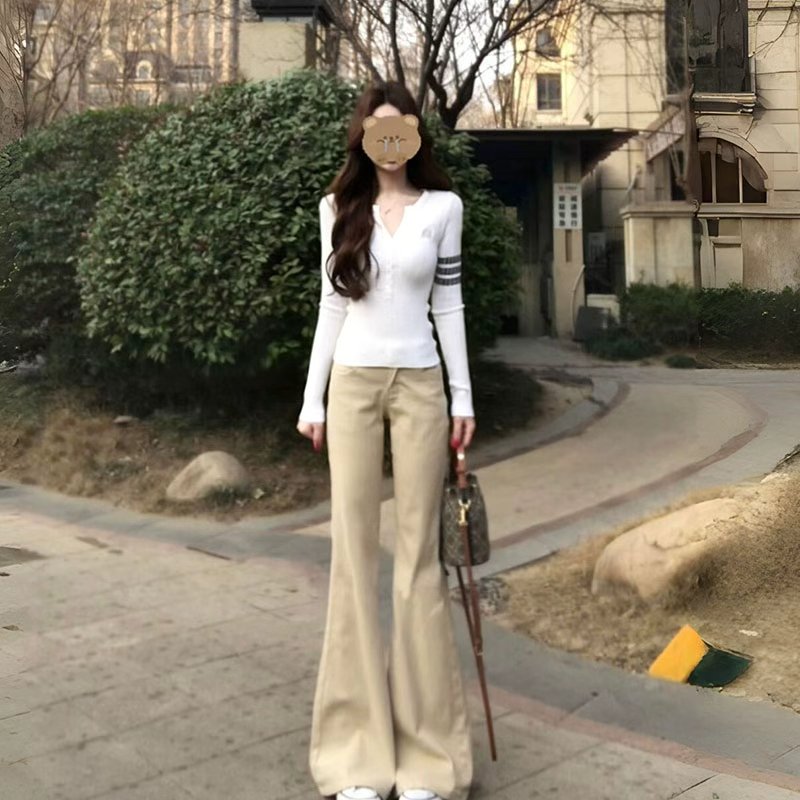 美式辣妹三条杠V领纯棉长袖T恤图片