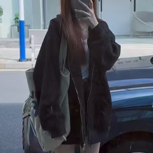 美式复古街头连帽卫衣女春秋oversize薄款纯色外套宽松慵懒开衫