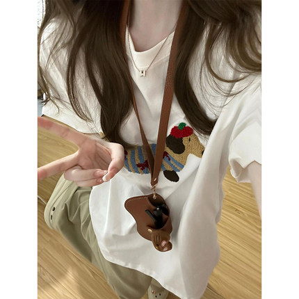 美式复古正肩刺绣短袖T恤女夏设计感小众宽松显瘦半袖体恤上衣服