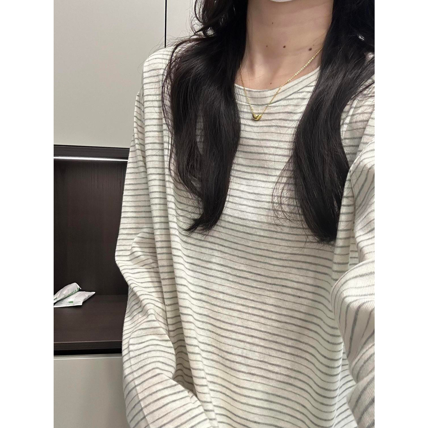圆领条纹长袖T恤女春秋内搭打底衫韩版宽松显瘦慵懒休闲松弛上衣