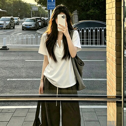 宽松慵懒半开领纯色短袖T恤女