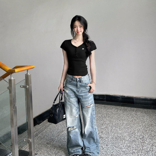 美式辣妹短款修身V领短袖T恤