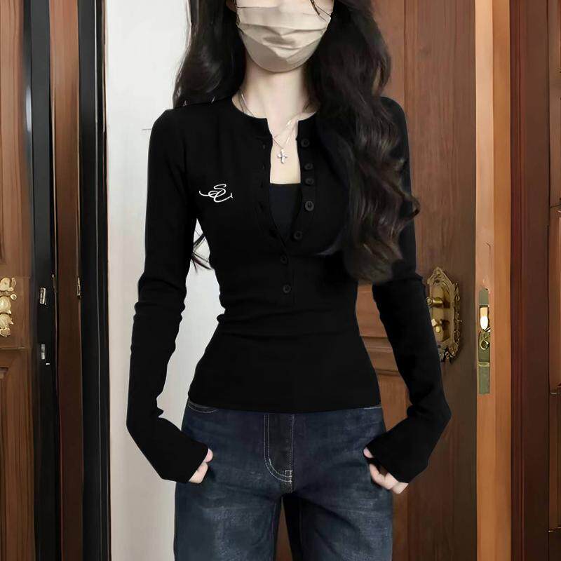 美式辣妹短款纽扣纯棉长袖T恤图片