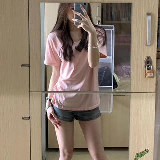 正肩V领纯色短袖T恤女夏韩版潮宽松显瘦百搭半袖上衣简约休闲体恤