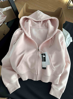 连帽短款卫衣女春秋oversize纯色薄款外套韩版潮宽松慵懒开衫上衣