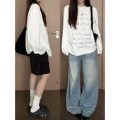 chic宽松慵懒上衣 T恤女春秋内搭打底衫 美式 复古潮牌正肩纯棉长袖