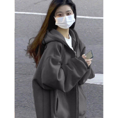 美式 复古高街加绒加厚连帽卫衣女秋冬oversize外套chic慵懒开衫