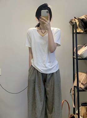 正肩纯色V领宽松白色短袖T恤女