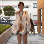 斜领露肩无帽卫衣女春秋oversize薄款 纯色外套chic宽松慵懒上衣
