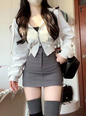 拉链短款连帽卫衣女春秋纯色薄款外套美式辣妹宽松慵懒开衫上衣