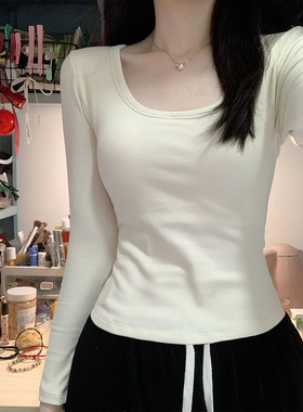 U领德绒打底衫女秋冬内搭短款小衫修身百搭磨毛上衣加绒保暖T恤