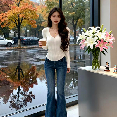 辣妹短款修身V领德绒打底衫