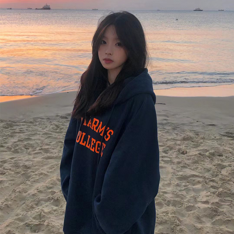 美式复古oversize加绒连帽卫衣女