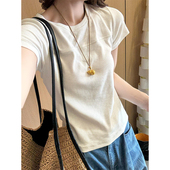 显瘦上衣简约百搭体恤 修身 设计感小众正肩圆领短袖 T恤女夏短款