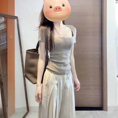 辣妹短款修身方领纯棉短袖T恤