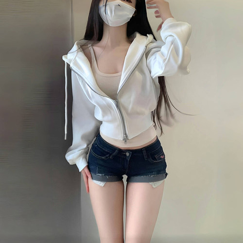 美式辣妹宽松短款拉链连帽卫衣