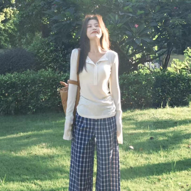 辣妹短款修身半开领纯棉长袖T恤