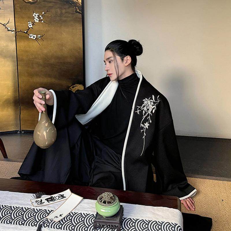 秋冬新中式刺绣绑带长袍外套男中国风中长款汉服宽松过膝毛呢大衣