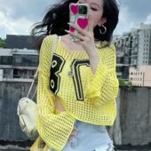 美式 露脐上衣 短款 辣妹镂空高级感女初秋新款 字母印花撞色防晒罩衫
