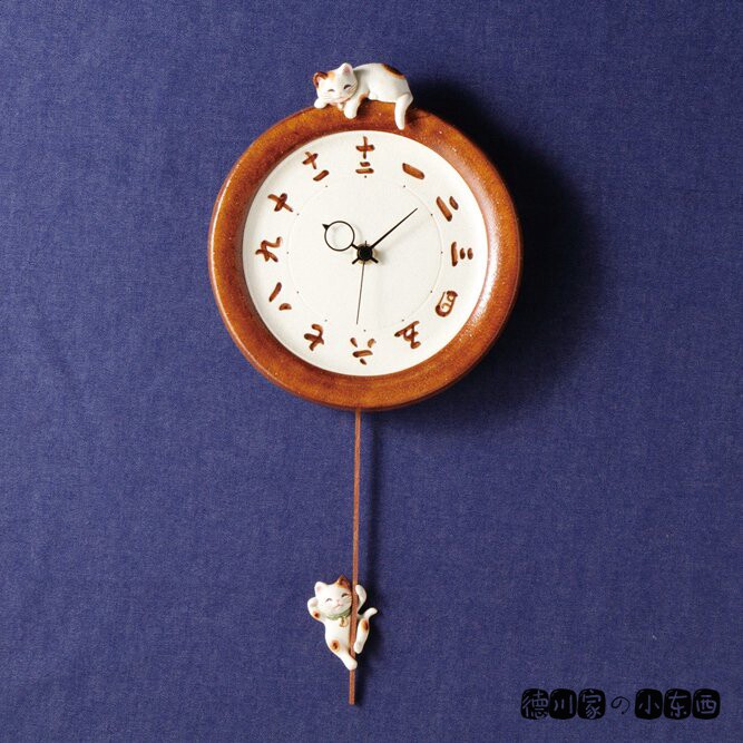 日本代购 匠人手工 猫咪汉字 陶瓷 圆形挂钟 时钟 精美 墙面 挂件
