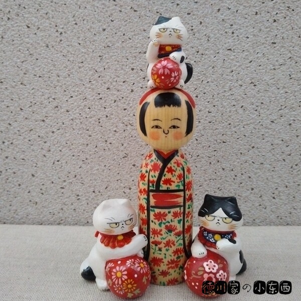 日本代购 匠人手工 生气猫咪 三猫与绣球 可爱 黏土 民俗和风摆件
