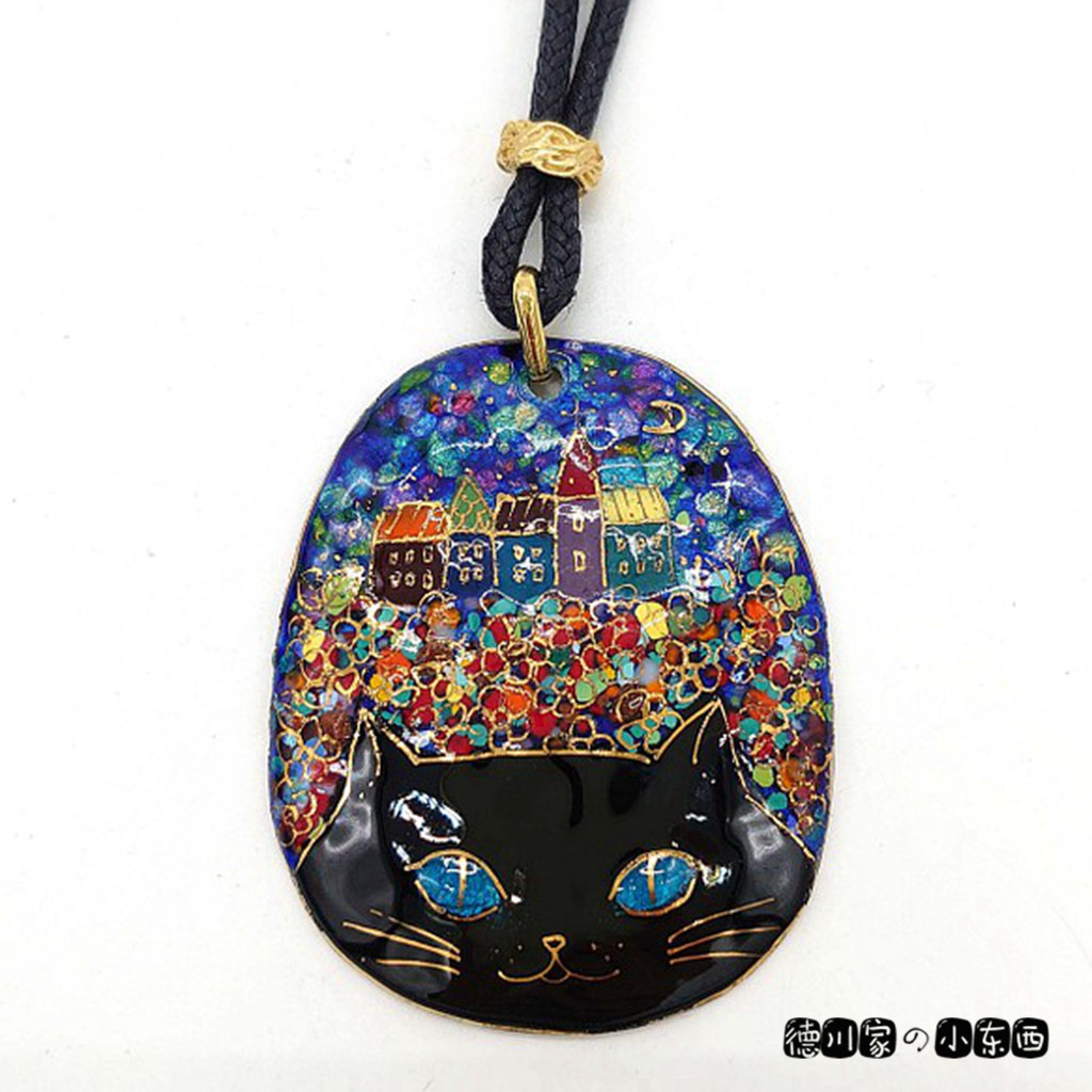 日本代购 匠人手工 七宝烧 月夜街上散步黑猫 精美 项链 吊坠首饰