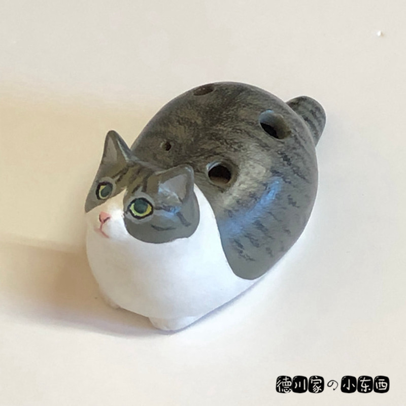 日本代购 匠人手工 猫咪玩具陶笛 灰白猫 可爱 陶瓷 发声 小摆件