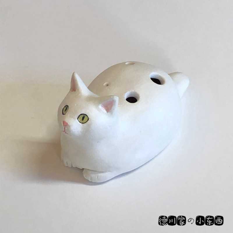 日本代购 匠人手工 猫咪玩具陶笛 胖白猫 可爱 陶瓷 发声 小摆件