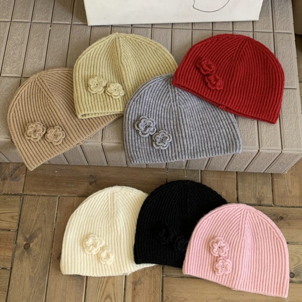 2024新款上市韩系手工立体花朵针织帽子女秋秋冬保暖毛线套头帽