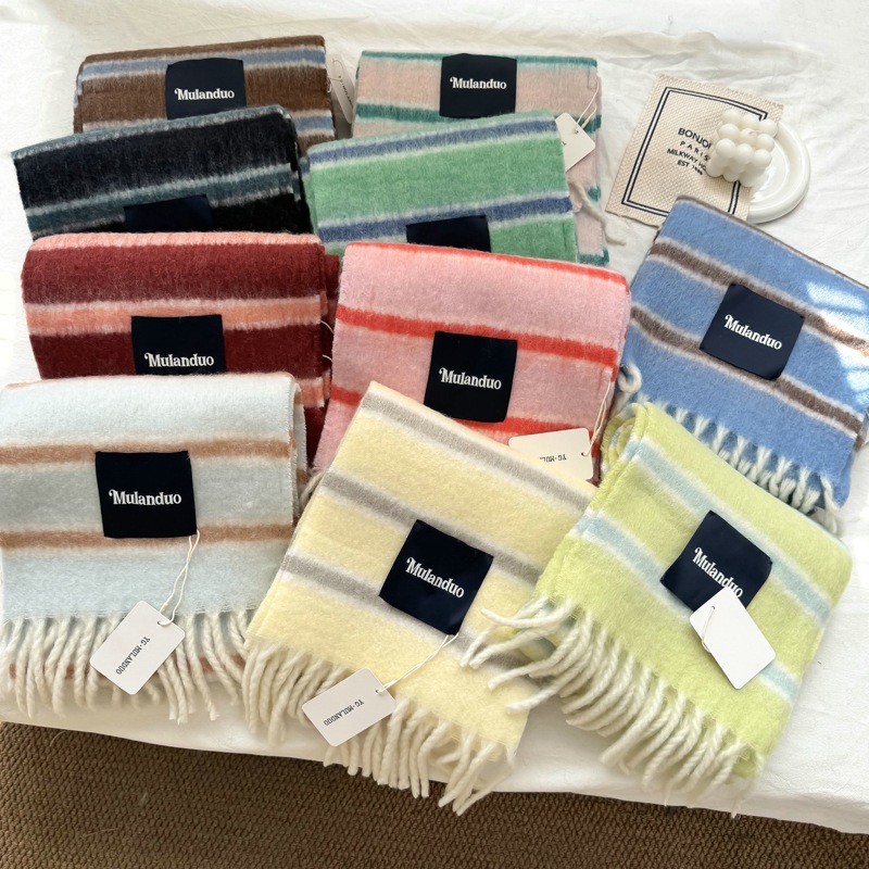 出韩国加厚复古条纹羊毛围巾女韩版冬保暖马海毛大披肩氛围感围脖