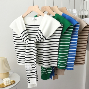 白色针织衬衫衬衣外搭小披肩女细条纹搭肩夏春秋网红多功能围巾女