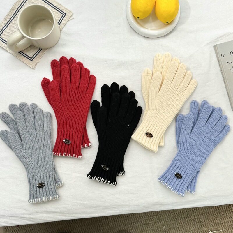 韩系氛围感纯色针织手套女秋冬季防寒骑行保暖五指分指手套可触屏