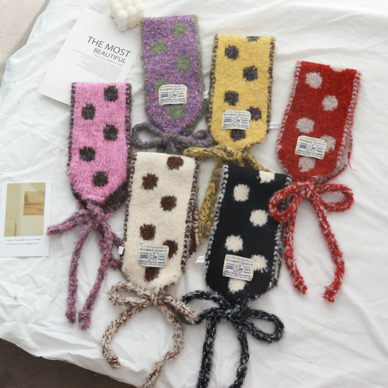 韩系可爱波点系带小围脖女秋冬新款百搭多功能保暖护耳包头巾耳罩