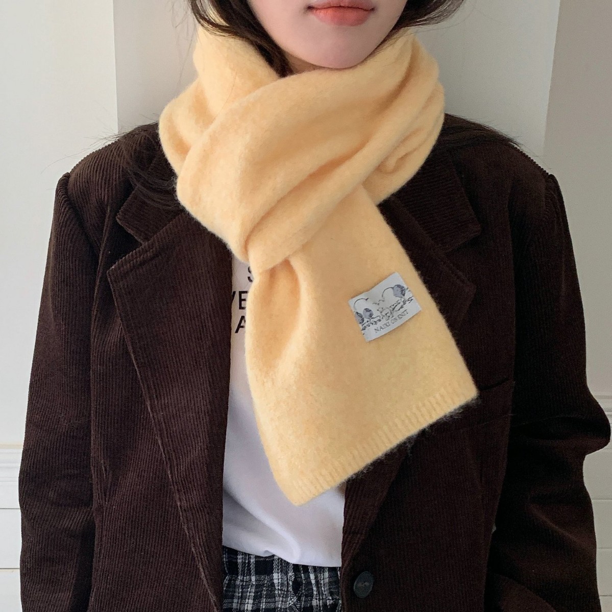 奶黄色针织围巾秋冬新款纯色百搭保暖冬季仿羊绒围脖复古森系保暖