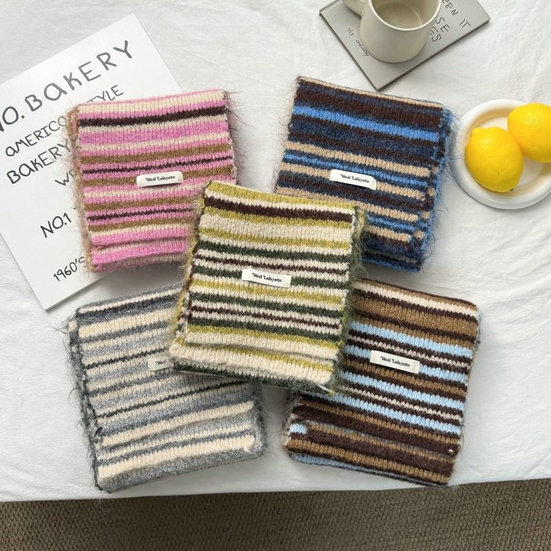 韩国2025秋冬季新款羊毛混纺针织条纹拼色围巾女保暖防寒百搭围脖