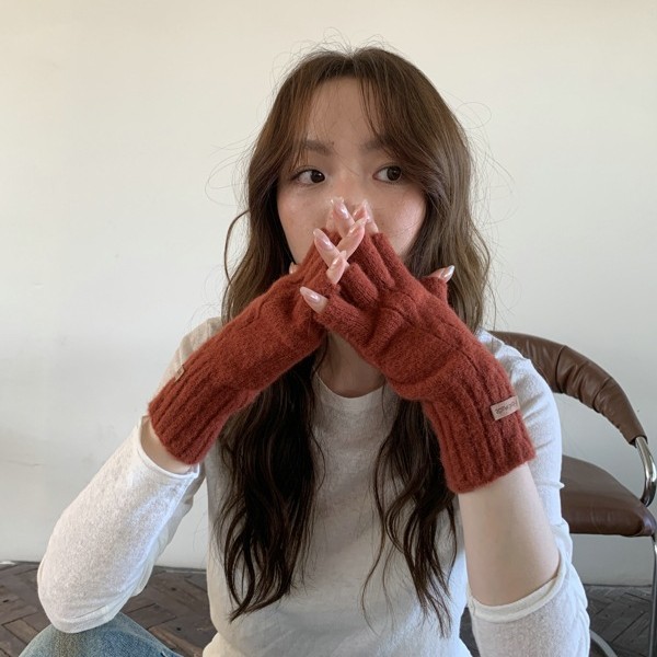 新款针织手套秋冬季女士纯色贴标保暖防寒护腕分指半指可触屏手套