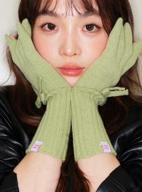 新款蝴蝶结手套女冬季韩版加长款保暖针织防寒露指可触屏五指手套