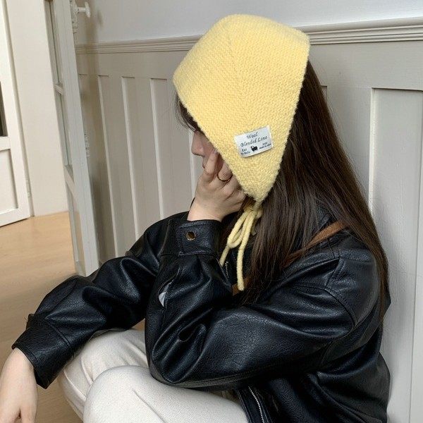 韩系ins头巾女秋冬保暖护耳针织毛线三角巾甜美可爱绑带包头耳罩