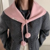 2025新款 秋冬高级感帽子围巾红色针织小披肩女保暖球球围脖三角巾