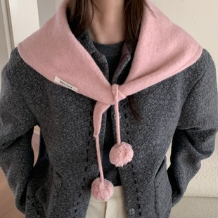 2025新款秋冬高级感帽子围巾红色针织小披肩女保暖球球围脖三角巾