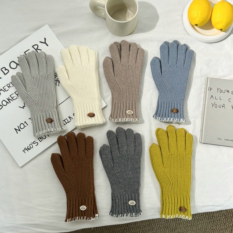韩系氛围感纯色针织手套女秋冬季防寒骑行保暖五指分指手套可触屏