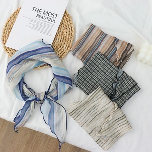 条纹森系丝巾轻薄三角巾女春夏新款多功能百搭装饰包头巾发带围脖