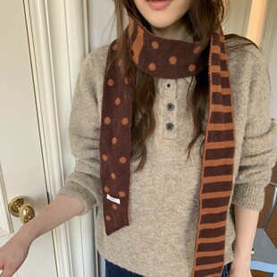 小众搭配波点条纹拼色针织长条围巾秋冬复古新款细窄围脖韩国ins