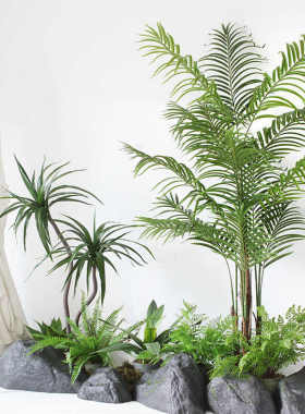 琴艺仿真花植物盆景大型绿植造景组合 装饰仿真石头楼梯转角橱窗