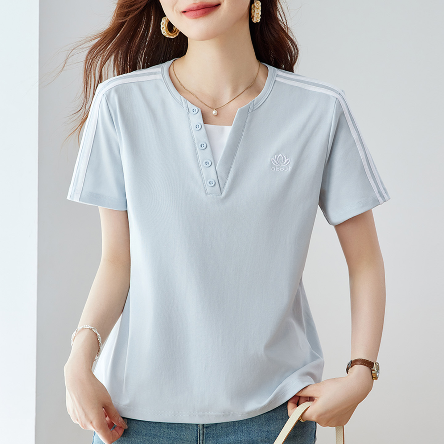 夏季薄款丝光棉洋气短袖t恤正肩宽松遮肉显瘦上衣时尚百搭女装潮