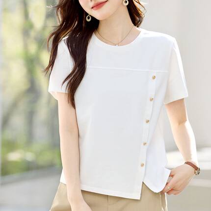 t恤女2026新款独特漂亮的短袖上衣夏薄款轻奢高级感正肩白色女装