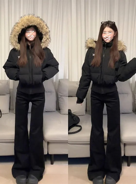 秋冬加绒高腰微喇拖地牛仔裤女