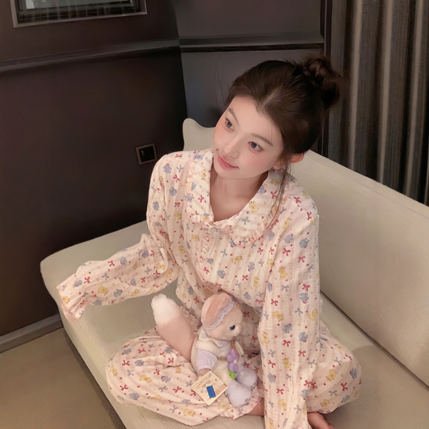 童趣少女蝴蝶结棉纱长袖睡衣女春秋款可爱小熊宽松开衫家居服套装