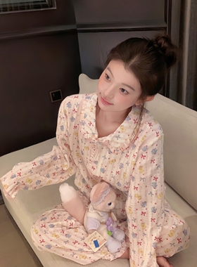 童趣少女蝴蝶结棉纱长袖睡衣女春秋款可爱小熊宽松开衫家居服套装